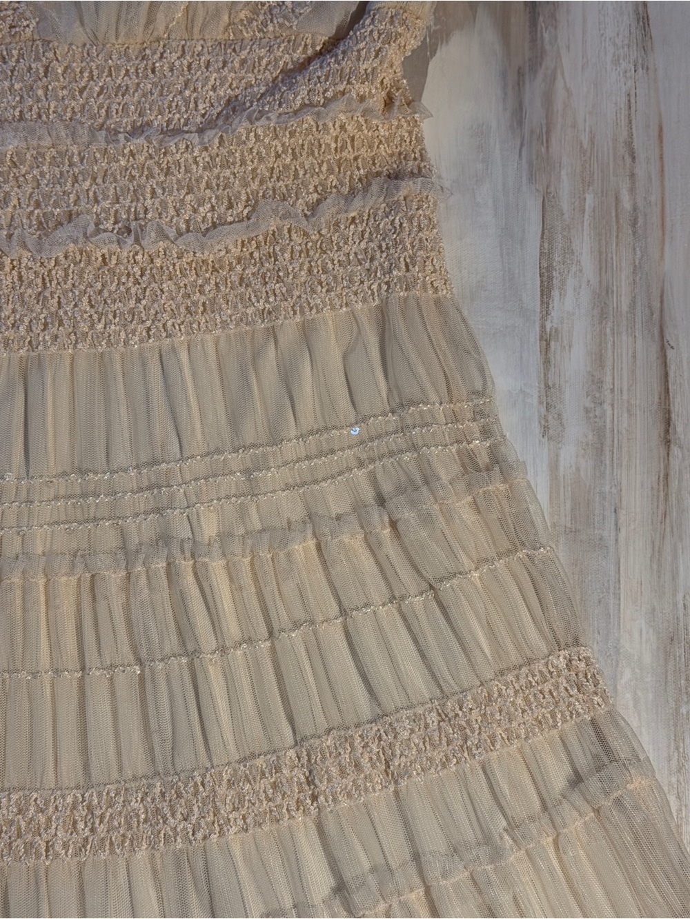 Vintage Max Studio Cream White Tiered Midi Dress Smocked Waist Large Boho Fairy - Picture 13 of 13